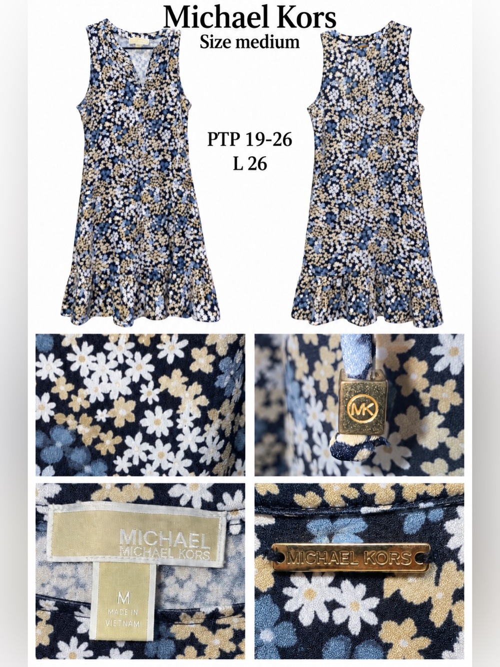Michael Kors Navy Floral Sleeveless A-Line Dress with White and Beige Flowers